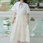 Short-sleeve Bow Blouse / Floral Print Midi A-line Skirt
