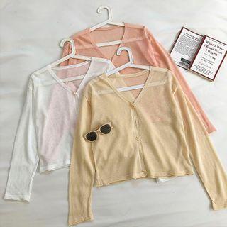 Plain V-neck Single-breasted Long-sleeve Knit Top
