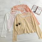 Plain V-neck Single-breasted Long-sleeve Knit Top