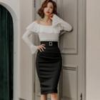 Set: Long-sleeve Off-shoulder Frill Trim Lace Top + Fitted Skirt
