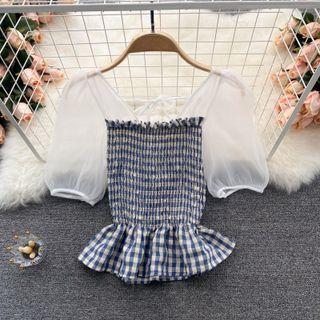 Mesh Puff-sleeve Color Block Panel Plaid Top
