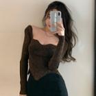 Glitter Deep V-neck Slim-fit Crop Knit Top Coffee - One Size