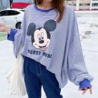 Mickey Mouse Print Striped Oversized Ringer T-shirt