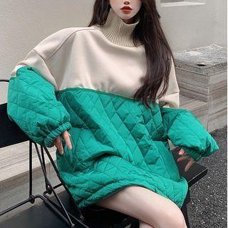 Turtleneck Sweatshirt Aqua Green & Beige - One Size
