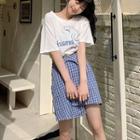 Short-sleeve Lettering T-shirt / Plaid Asymmetrical Mini Pencil Skirt