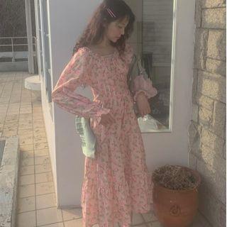 Long-sleeve Floral Printed Midi A-line Dress Pink - One Size