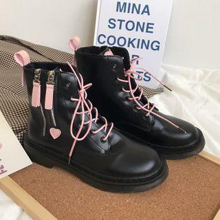 Applique Platform Block Heel Lace Up Short Boots