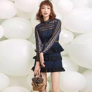 Long-sleeved Color-block Cutout Panel Lace Sheath Dress