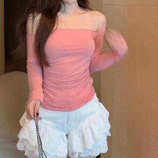 Long-sleeve Off-shoulder Plain T-shirt Pink - One Size
