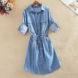 Drawstring Denim Shirt Dress