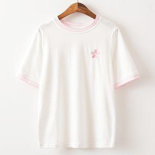Short-sleeve Flower Embroidered T-shirt Pink - One Size