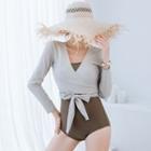 Set: Spaghetti Strap Swimsuit + Tie-waist Long-sleeve Rashguard