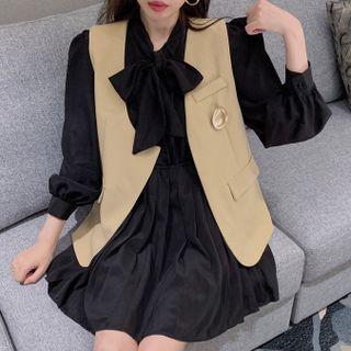 Open Front Vest / Long-sleeve Tie-neck Mini Dress