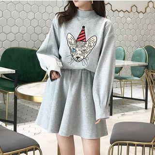 Set: Mock Neck Embroidered Top + A-line Skirt