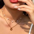 Set: Faux Pearl Choker + Flower Chain Necklace Gold - One Size
