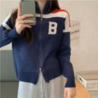 Lettering Color Block Zip-up Cardigan