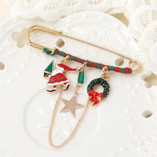 Christmas Safety Pin Brooch 1pc - Gold & Green & Red - One Size
