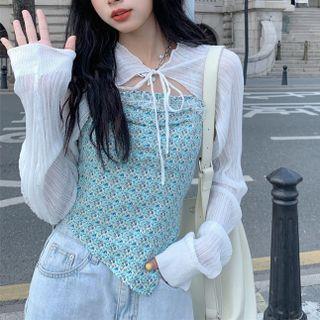 Halter-neck Floral Camisole Top / Tie-strap Cropped Cardigan