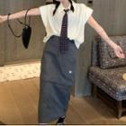 Cap-sleeve Plain Shirt / Midi Skirt / Tie