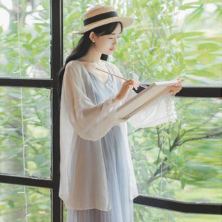 Set: Slipdress + Spaghetti Strap Pleated Midi Sheer Dress