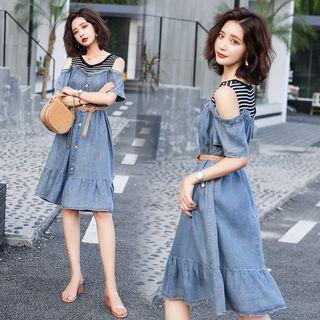 Mock Two Piece Short-sleeve Denim A-line Dress