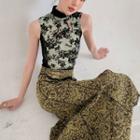 Floral Tank Top / Patterned Lace Trim Midi A-line Skirt