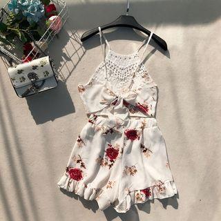 Set: Floral Spaghetti Strap Cropped Top + Wide-leg Shorts