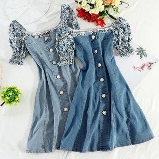 Short-sleeve Floral Print Panel A-line Denim Dress