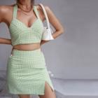 Halter-neck Check Pattern Top + Check Mini Skirt