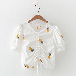Floral Embroidered Drawstring Crop Blouse
