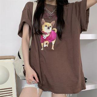 Short-sleeve Dog Print Loose-fit T-shirt