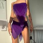 Set: Spaghetti-strap Asymmetric Cropped Camisole Top + Low-rise Asymmetric Mini A-line Skirt