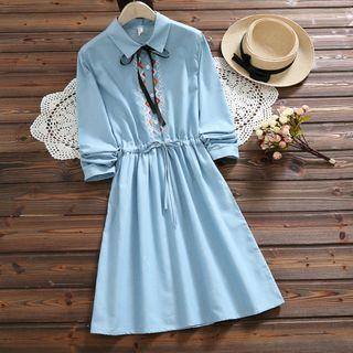 Embroidered Long-sleeve Gathered-waist Denim Dress