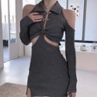 Cold-shoulder Cutout Knit Mini Sheath Dress Gray - One Size