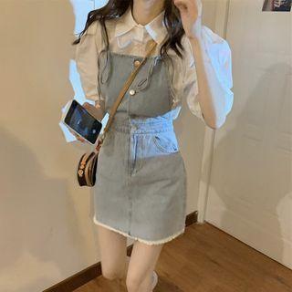 Puff-sleeve Shirt / Denim Mini Overall Dress