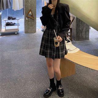 Cropped Blazer / Spaghetti Strap Plaid Mini A-line Dress