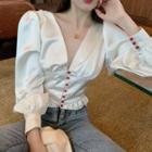 Buttoned V-neck Blouse White - One Size