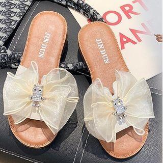 Rhinestone Bow-accent Slide Sandals