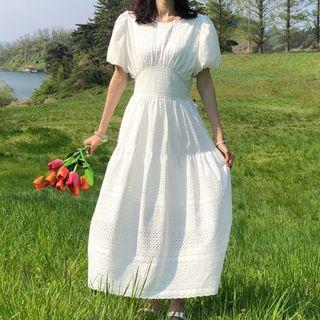 Puff-sleeve Plain Maxi A-line Dress