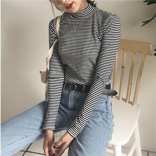 Stripe Mock-neck Long-sleeve Knit Sweater