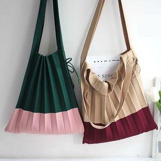 Two Tone Drawstring Accordian Pleat Tote Bag