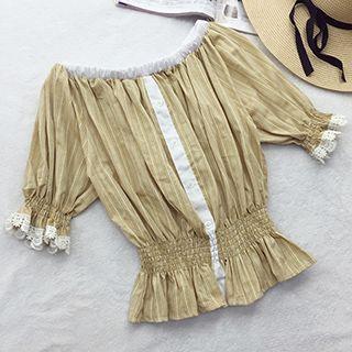 Off-shoulder Shirred Elbow-sleeve Top
