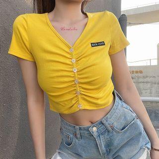 Short-sleeve Embroidered Button-up Crop Top