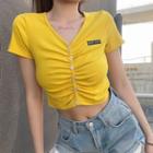 Short-sleeve Embroidered Button-up Crop Top