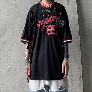 Elbow-sleeve Lettering Sports T-shirt