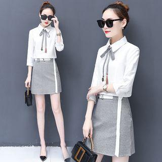 Set: Tab-sleeve Shirt + Plaid A-line Skirt