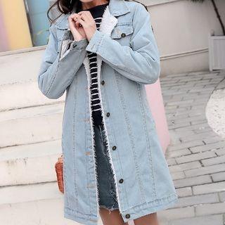 Fleece-lining Applique Long Denim Jacket