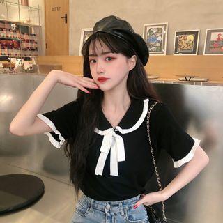 Short-sleeve Collared Frill Trim Knit Top