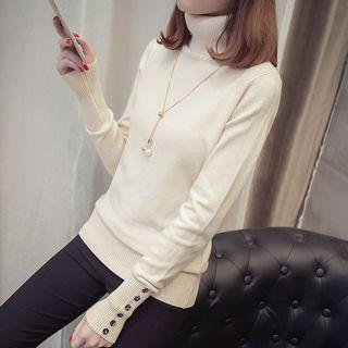 Buttoned Turtleneck Long Sleeve Knit Top