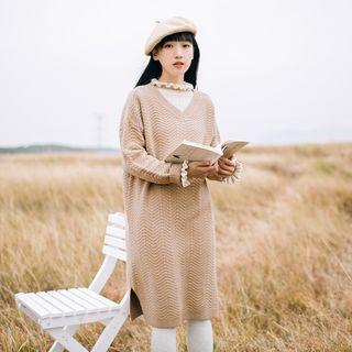 Loose-fit V-neck Plain Long Knitted Sweater